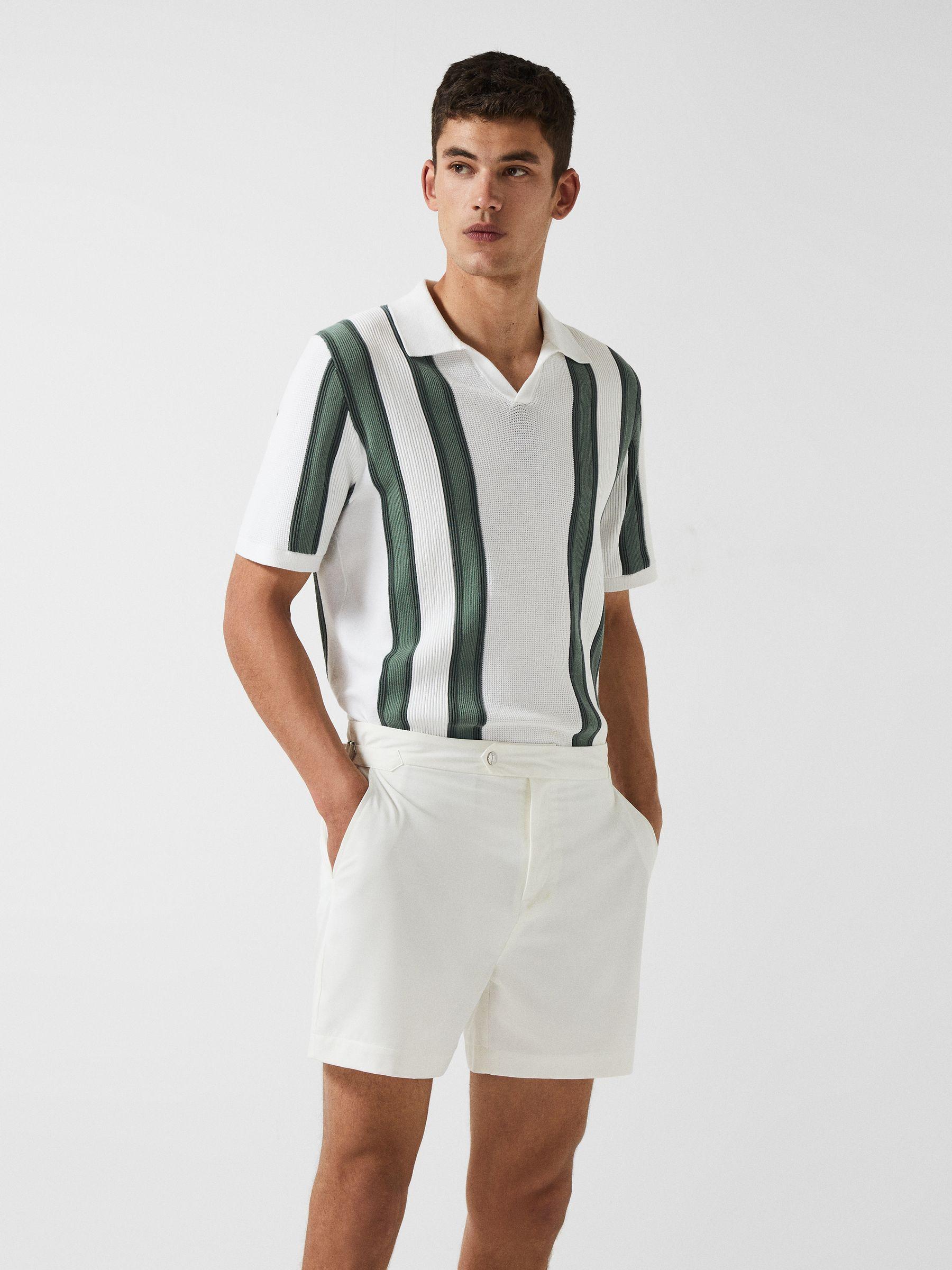 Open Collar Striped Polo T-Shirt in White/Sage Product Image