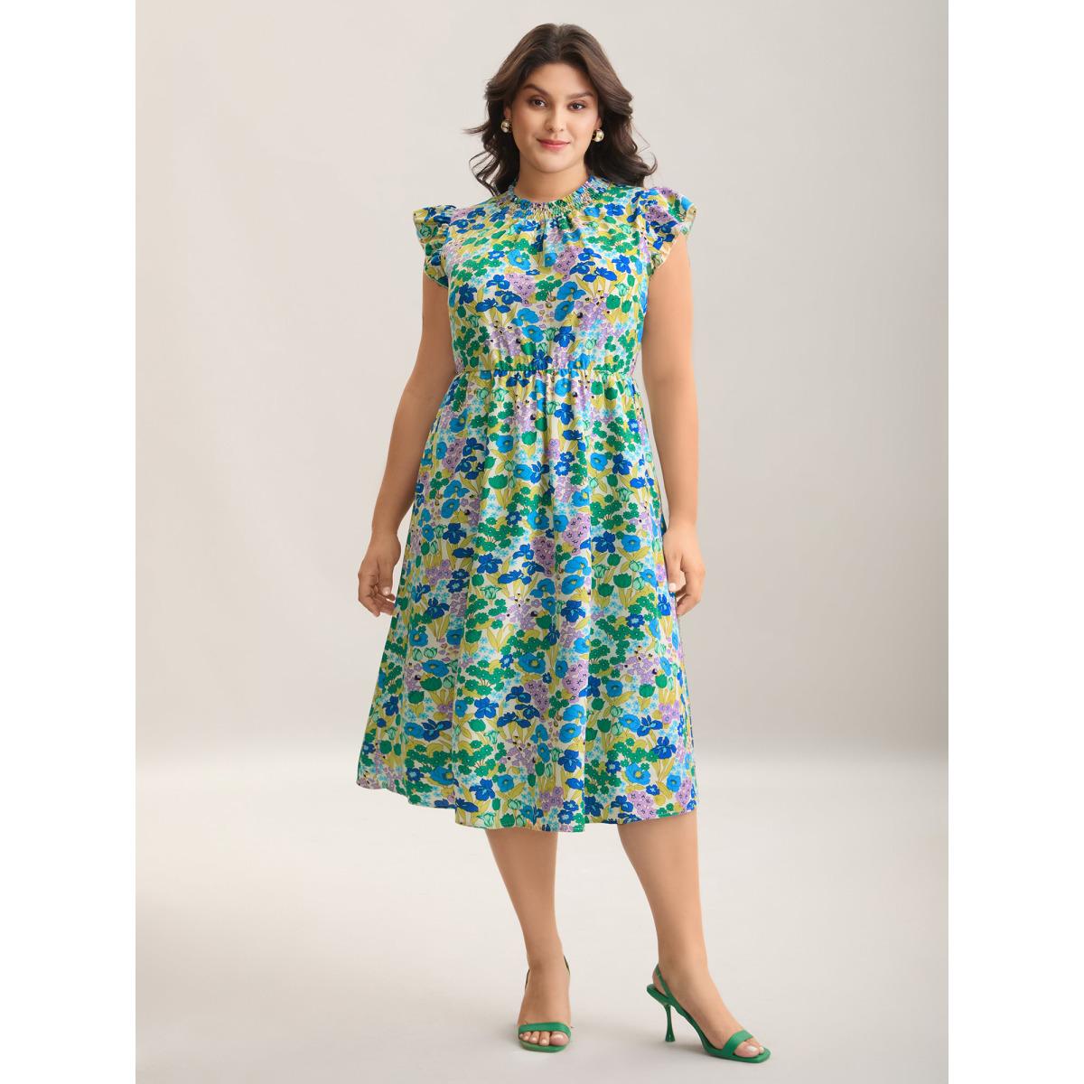 Plus Size Floral Print Shirred Pockets Midi Dress Cerulean Women Romantic Frill Trim Mock Neck Cap Sleeve Curvy BloomChic 28/5X Product Image