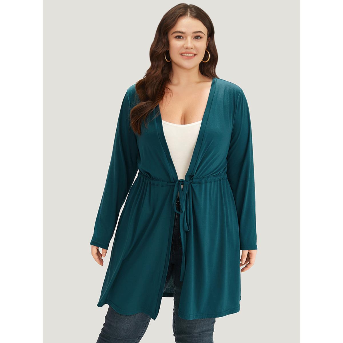 Plus Size Plain Drawstring Knot Open Front Coat Women Cyan Casual Plain Ladies Dailywear Winter Coats BloomChic 12/L Product Image