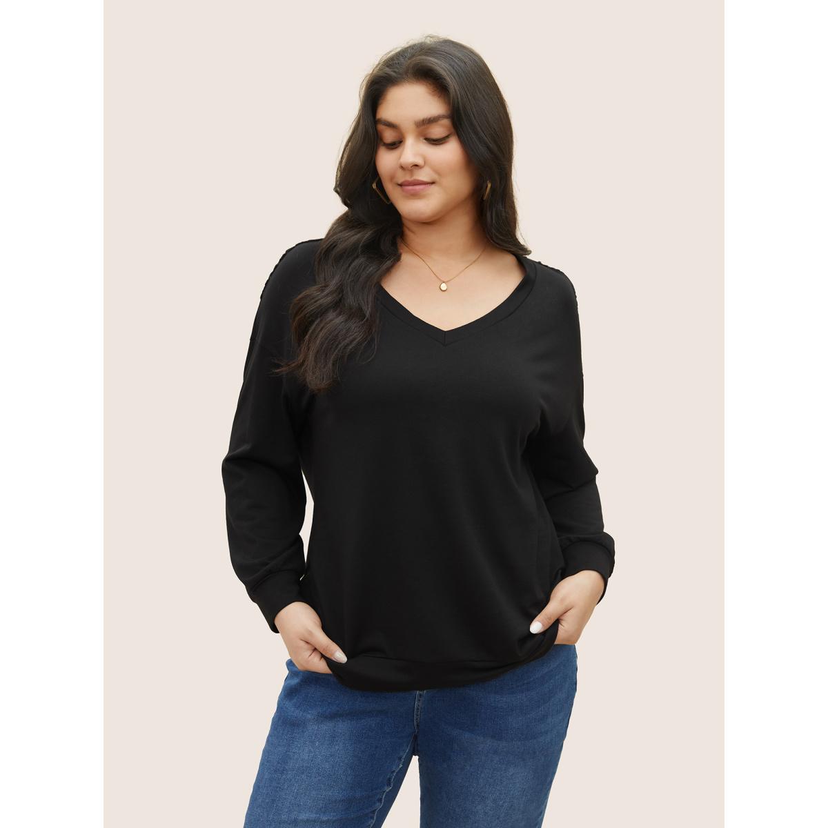 Plus Size Solid V Neck Cut Out Back Sweatshirt Women Black Elegant Non V-neck Everyday Sweatshirts BloomChic 10/M Product Image