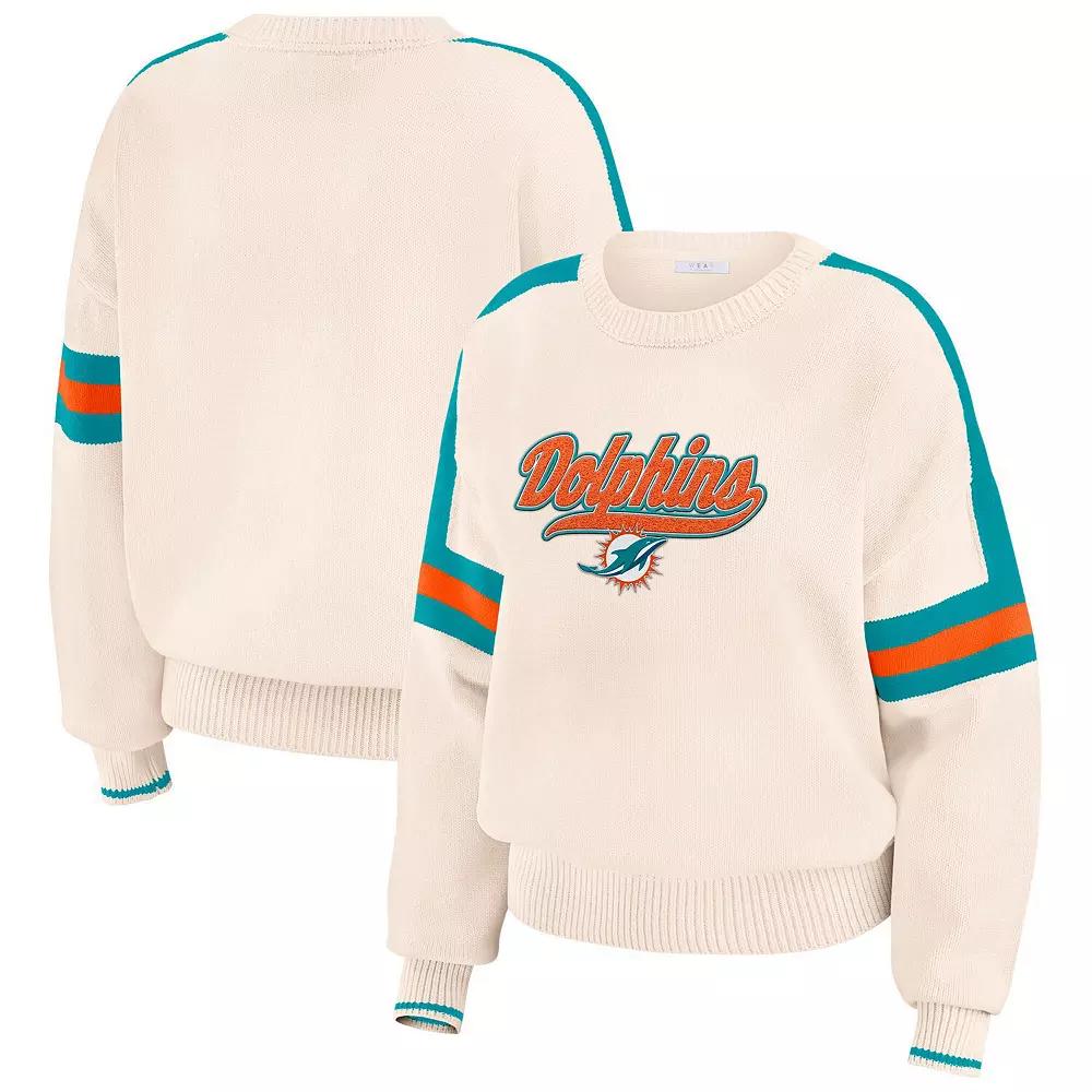 Women's WEAR by Erin Andrews Cream Miami Dolphins Stripe Pullover Sweater,  Product Image