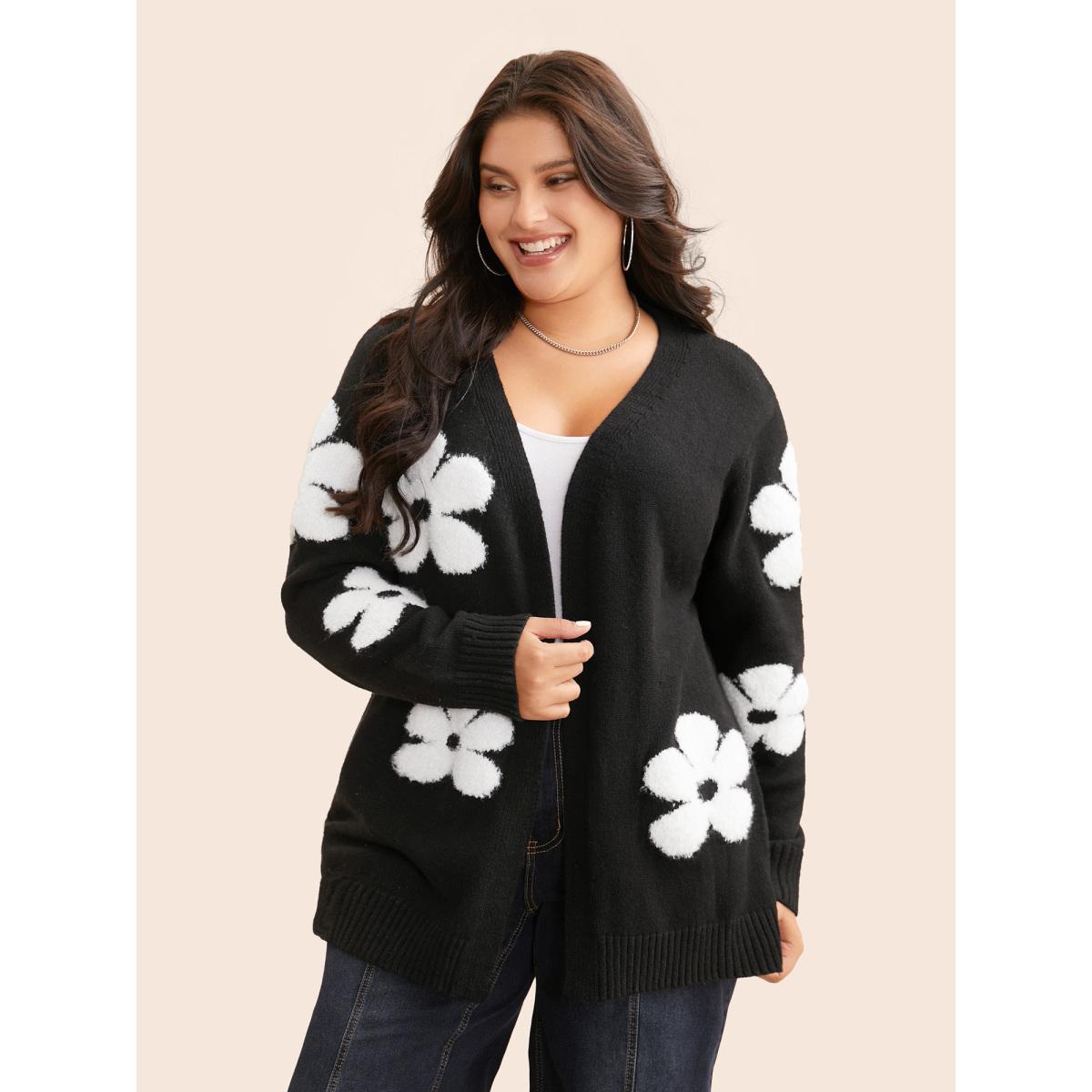 Plus Size Floral Jacquard Drop Shoulder Sleeve Cardigan Black Women Casual Loose Long Sleeve Everyday Cardigans BloomChic 14-16/1X Product Image