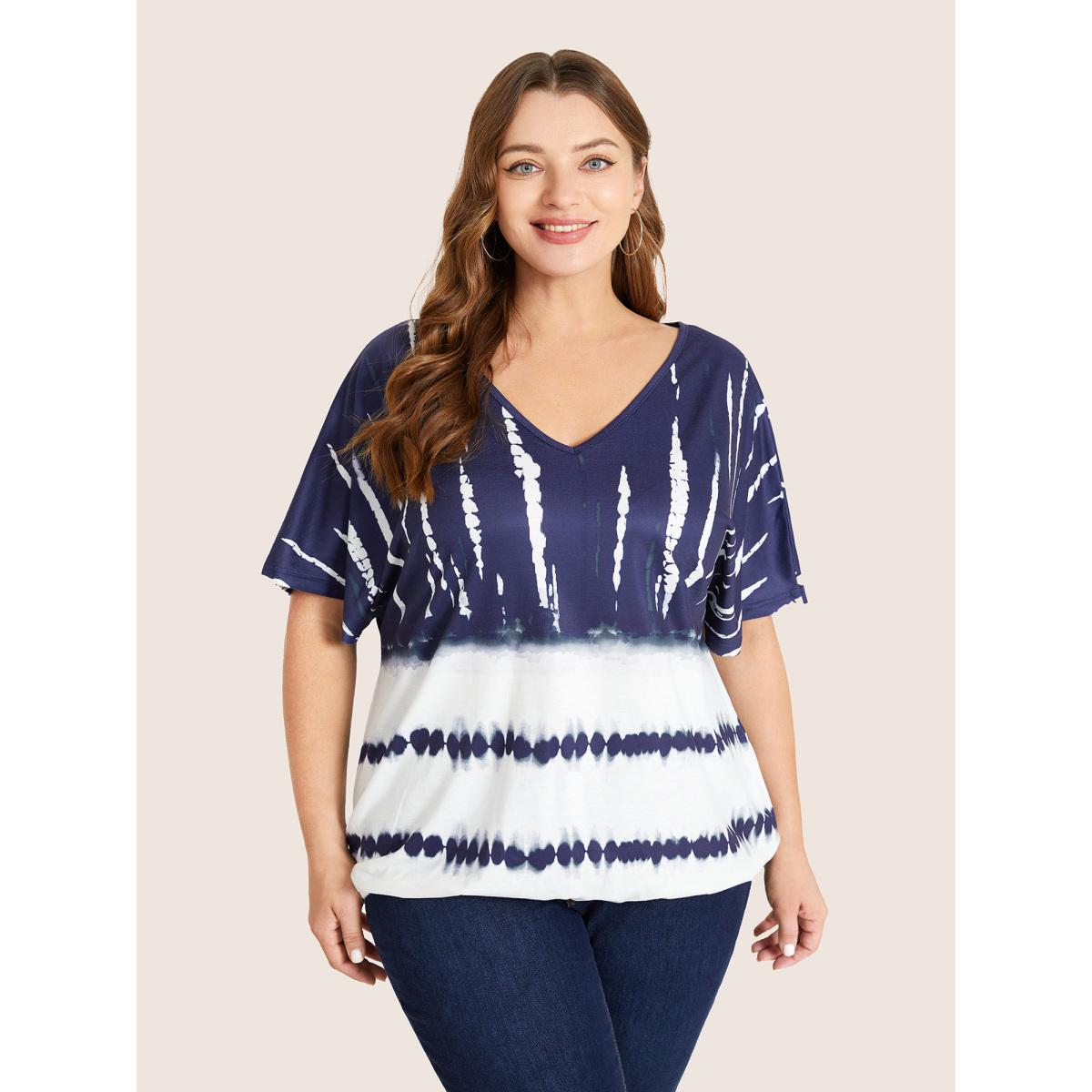 Plus Size Tie Dye Batwing Sleeve T-shirt Indigo Women Casual Tie Dye V-neck Everyday T-shirts BloomChic 30/6X Product Image