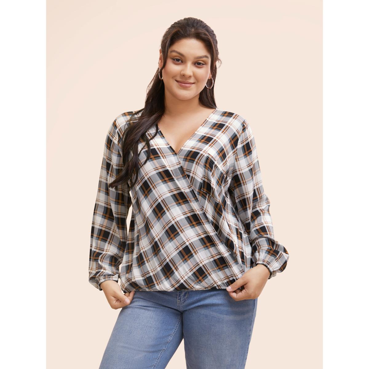 Plus Size Browncoffeecolor Plaid Overlap Collar Patch Pocket Blouse Women Casual Three Quarter Length Sleeve Overlap Collar Everyday Blouses BloomChic 28/5X Product Image