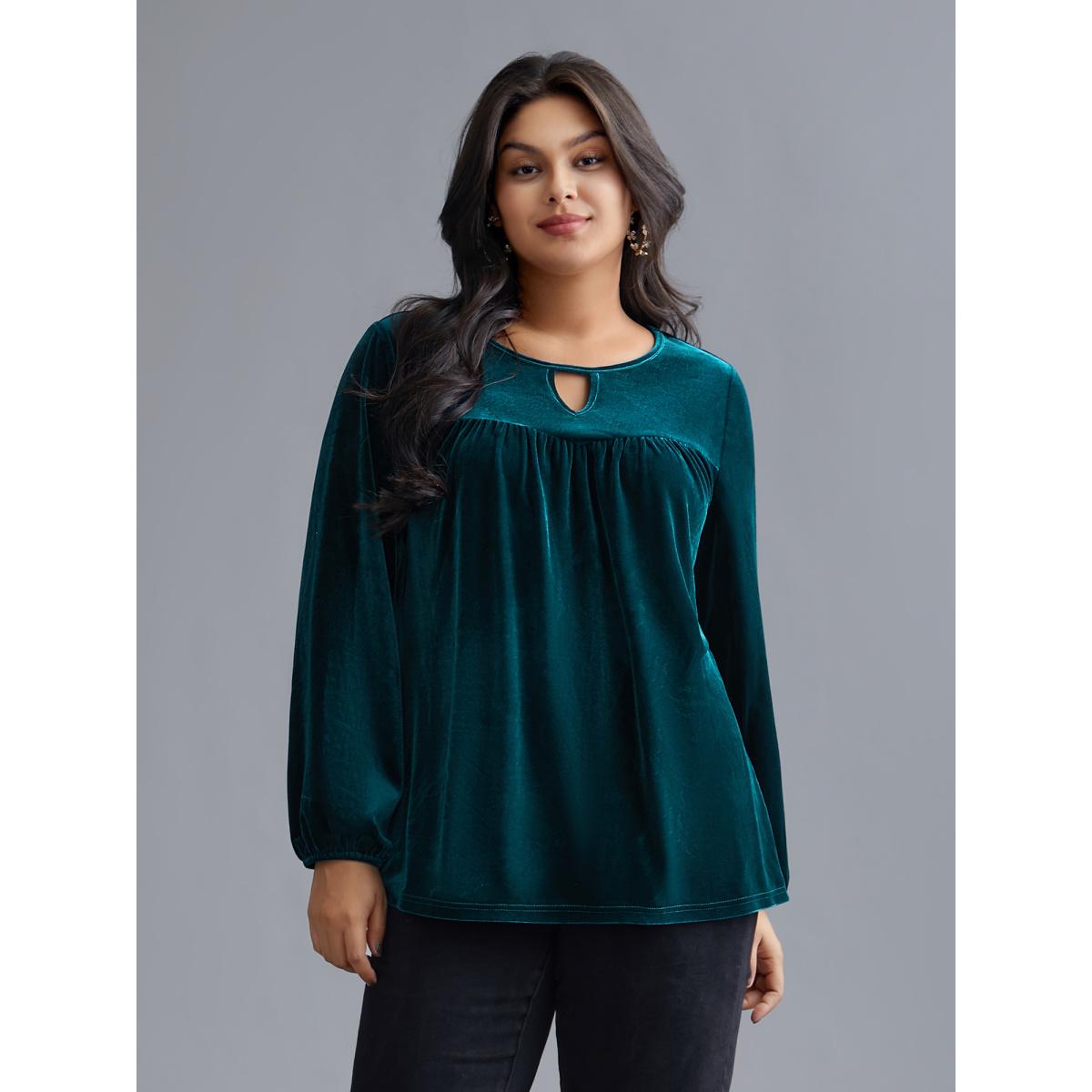 Plus Size Aegean Plain Hollow Out Gathered Velvet Blouse Women Cocktail Long Sleeve Round Neck Party Blouses BloomChic 30/6X Product Image