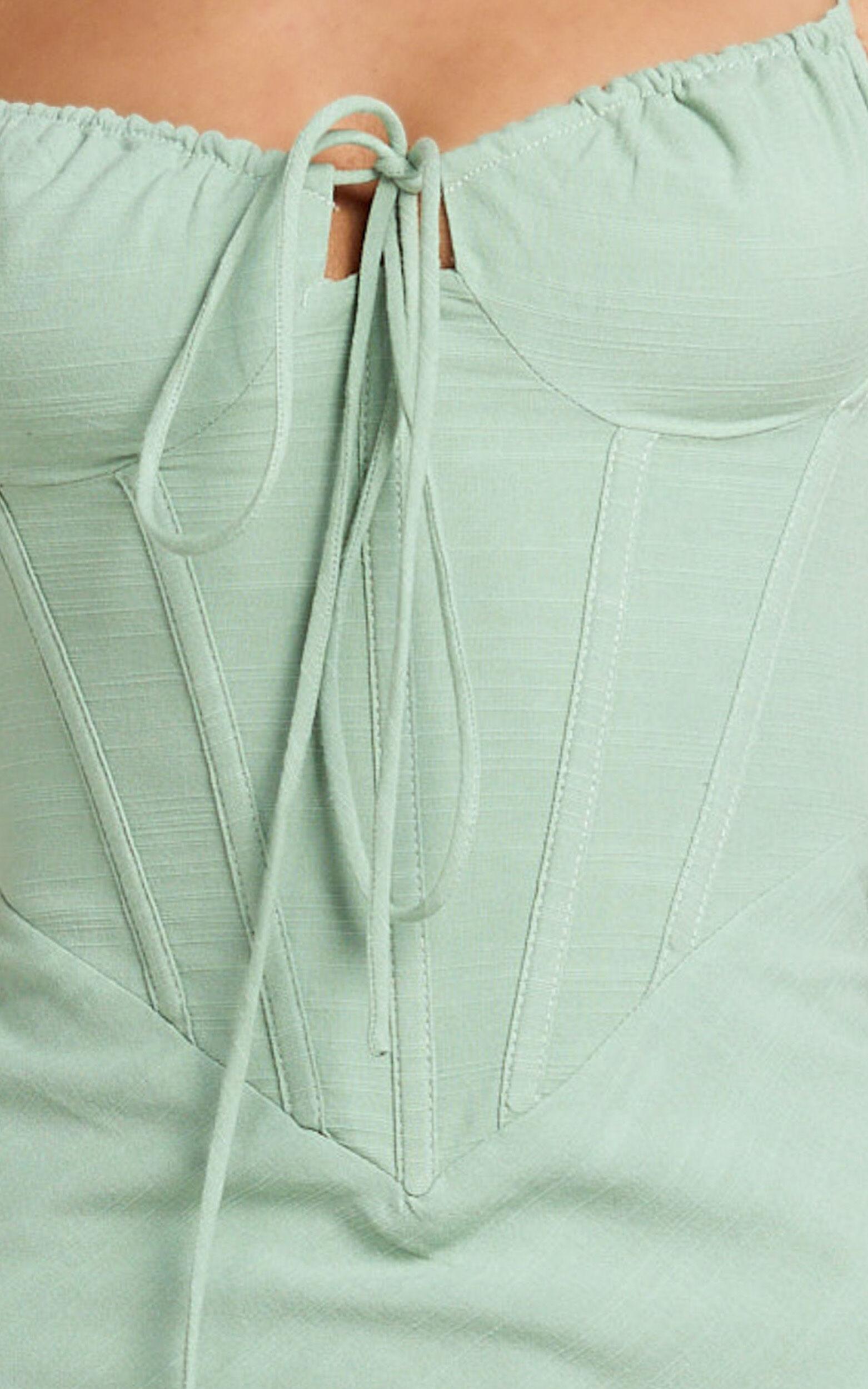 Mikayla Midi Dress - Linen Scoop Neck Ruched Bust Corset Waist Bias Skirt Dress in Sage Product Image