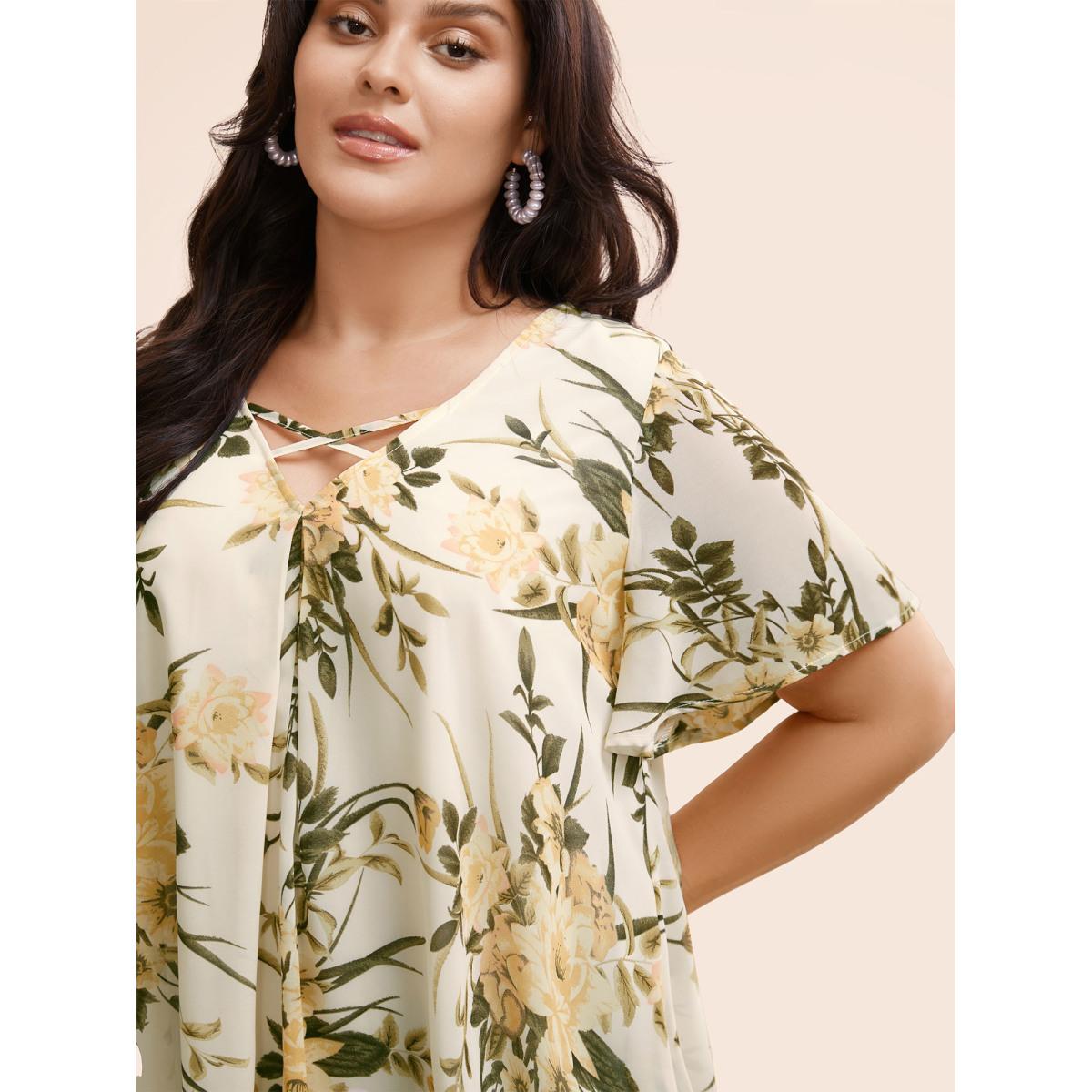 Plus Size Ivory Chiffon Floral Crisscross Hanky Hem Blouse Women Elegant Short sleeve V-neck Everyday Blouses BloomChic 28/5X Product Image