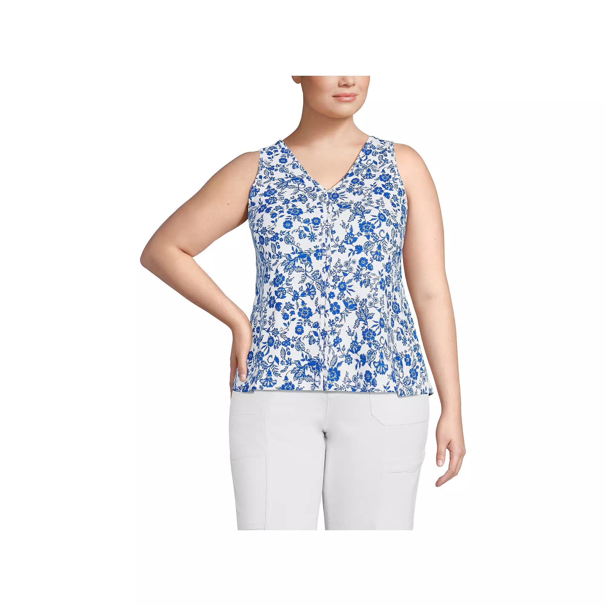 Plus Size Lands' End Slub Button Down Tank, Women's, Size: 2XL, Blue Ornate Floral Product Image