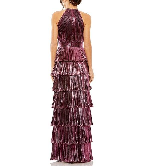 Mac Duggal Halter Neck Sleeveless Pleated Tiered Ruffle Metallic Gown Product Image