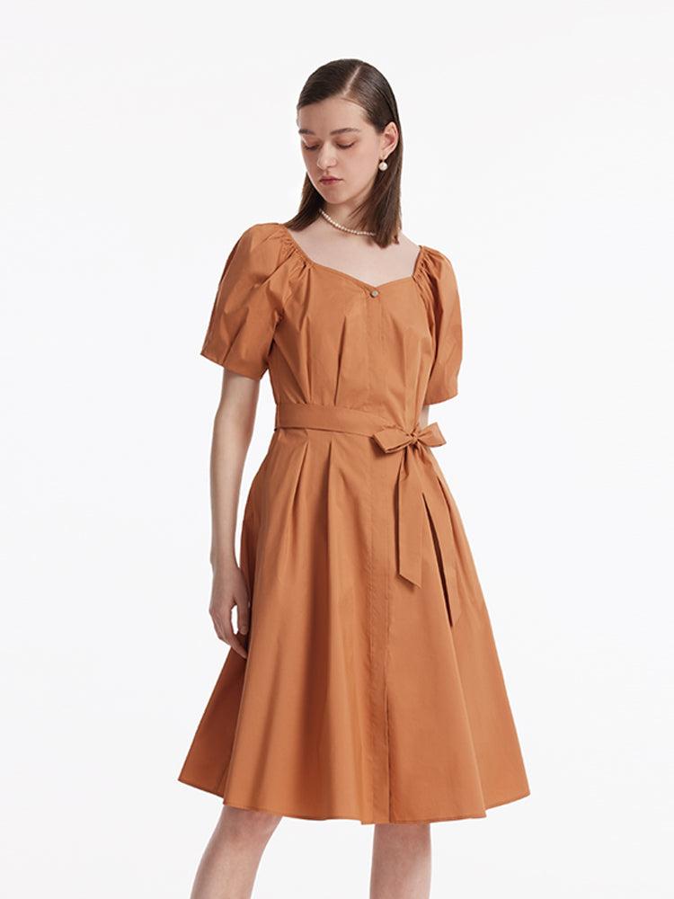 Puff Sleeves Square Neck Women Midi Dress With Belt Product Image