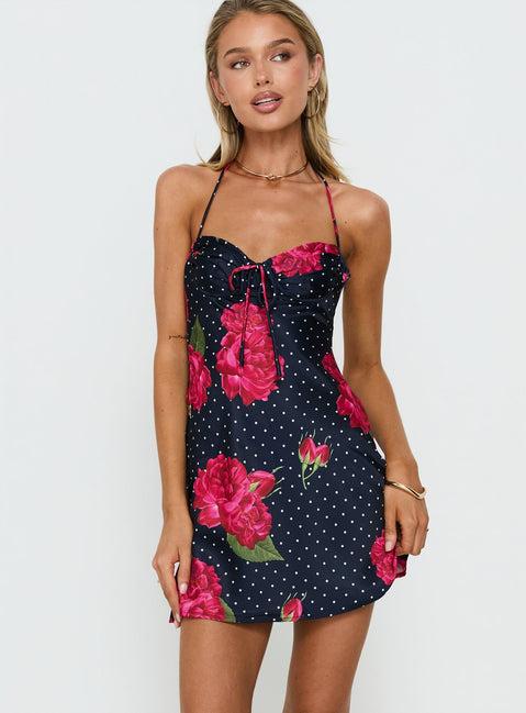 Avabelle Halter Mini Dress Black Floral Product Image