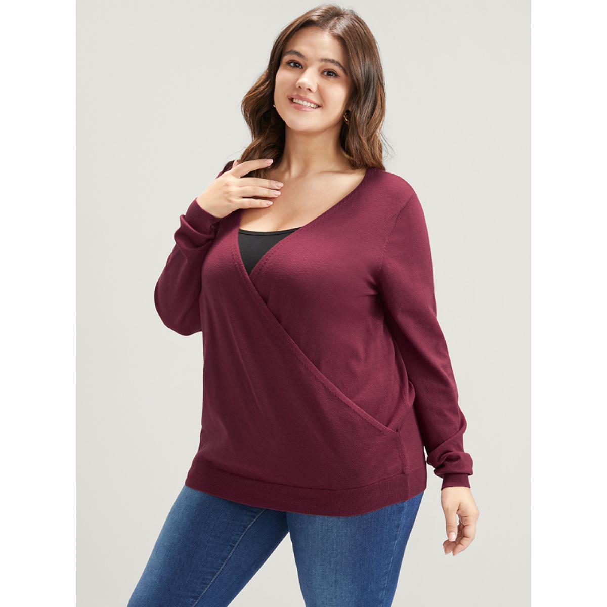 Plus Size Solid Super Soft Knit Surplice Neck Knit Top Scarlet Women Casual Long Sleeve Dailywear Pullovers BloomChic 26/4X Product Image