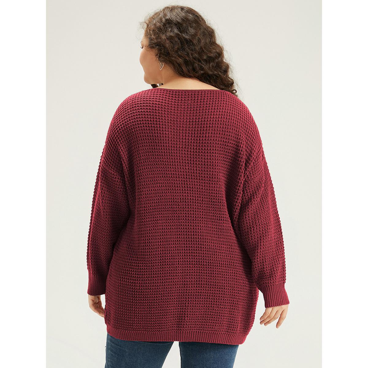 Plus Size Cable Knit Plain Elastic Cuffs Pullover Burgundy Women Casual Loose Long Sleeve V-neck Dailywear Pullovers BloomChic 10/M Product Image