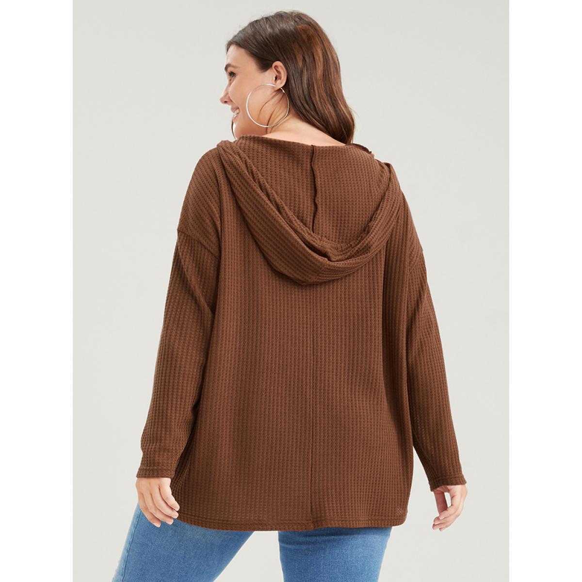 Plus Size Plain Ties Waffle Knit Hooded Sweatshirt Women Chocolate Casual Plain Hooded Dailywear Sweatshirts BloomChic 10/M Product Image