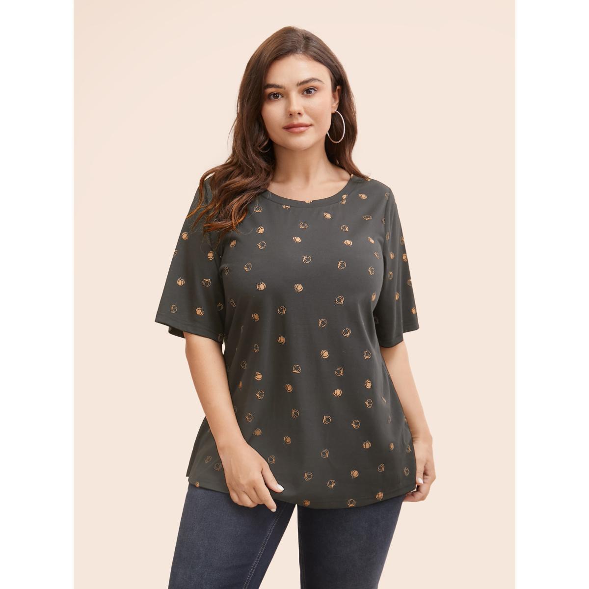 Plus Size Halloween Pumpkin Print Crew Neck T-shirt DimGray Women Casual Printed Graphic-Halloween Round Neck Festival-Halloween T-shirts BloomChic 26/4X Product Image