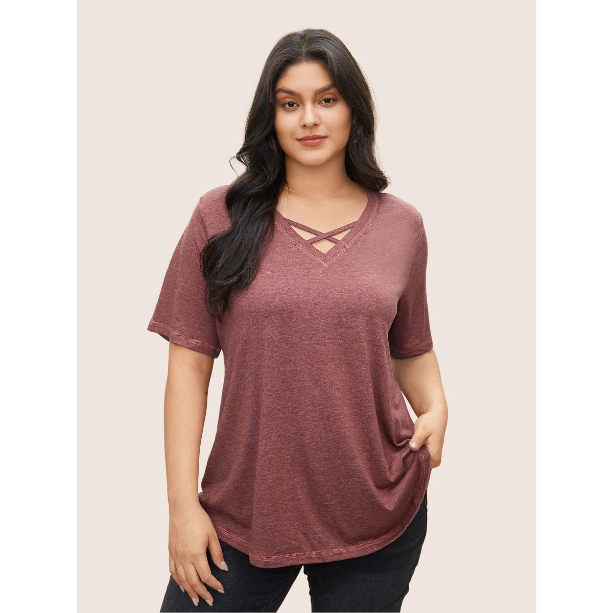 Plus Size Solid Crisscross Neck Contrast Stitch T-shirt Russet Women Leisure Plain V-neck Casual T-shirts BloomChic 12/L Product Image
