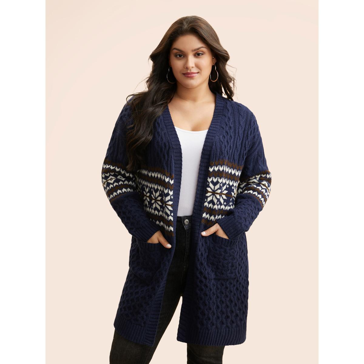 Plus Size Bandana Cable Knit Contrast Pocket Cardigan Midnight Women Casual Loose Long Sleeve Everyday Cardigans BloomChic 26/4X Product Image