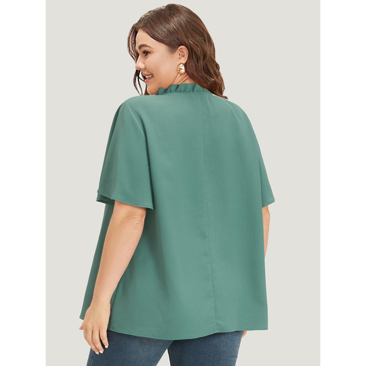 Plus Size Aegean Plain Shirred Button Through Frill Trim Stand Collar Blouse Women Elegant Short sleeve V-neck Dailywear Blouses BloomChic 12/L Product Image