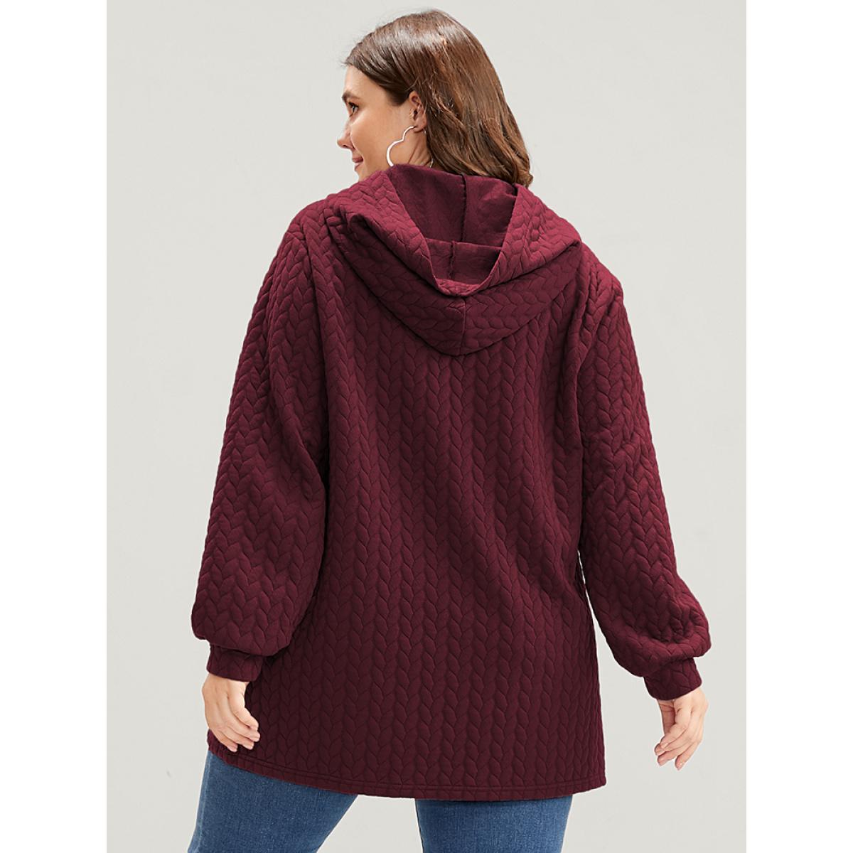 Plus Size Solid Asymmetrical Hem Cable Knit Hooded Sweatshirt Women Scarlet Lounge Asymmetrical Hooded Everyday Sweatshirts BloomChic 28/5X Product Image
