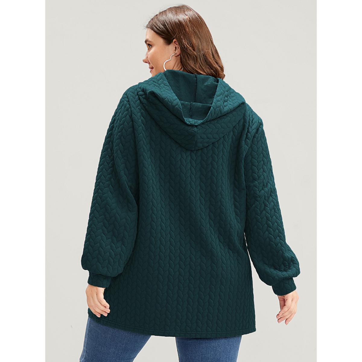 Plus Size Solid Asymmetrical Hem Cable Knit Hooded Sweatshirt Women DarkGreen Lounge Asymmetrical Hooded Everyday Sweatshirts BloomChic 22-24/3X Product Image