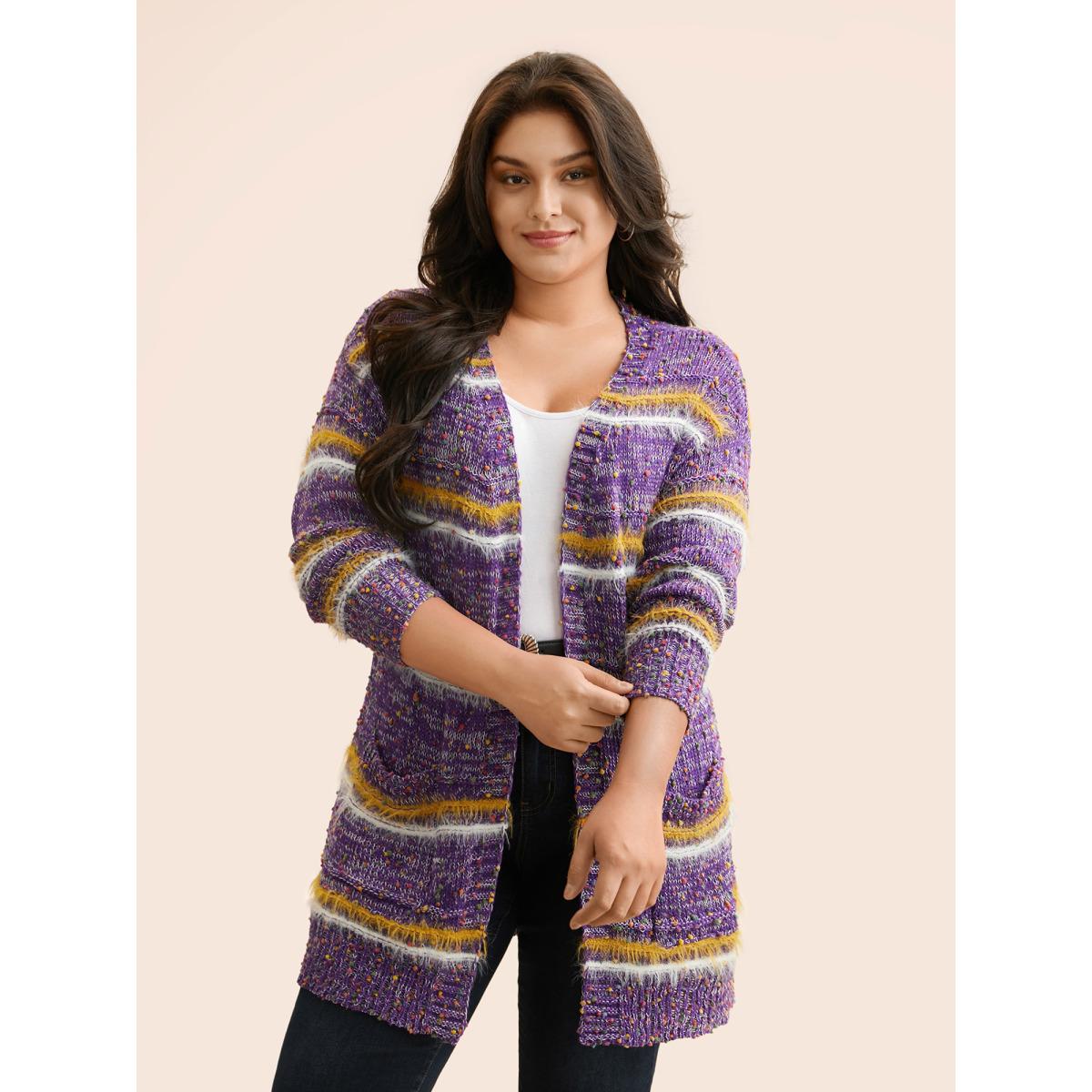 Plus Size Striped Contrast Texture Fluffy Cardigan Deeppurplered Women Casual Loose Long Sleeve Everyday Cardigans BloomChic 22-24/3X Product Image