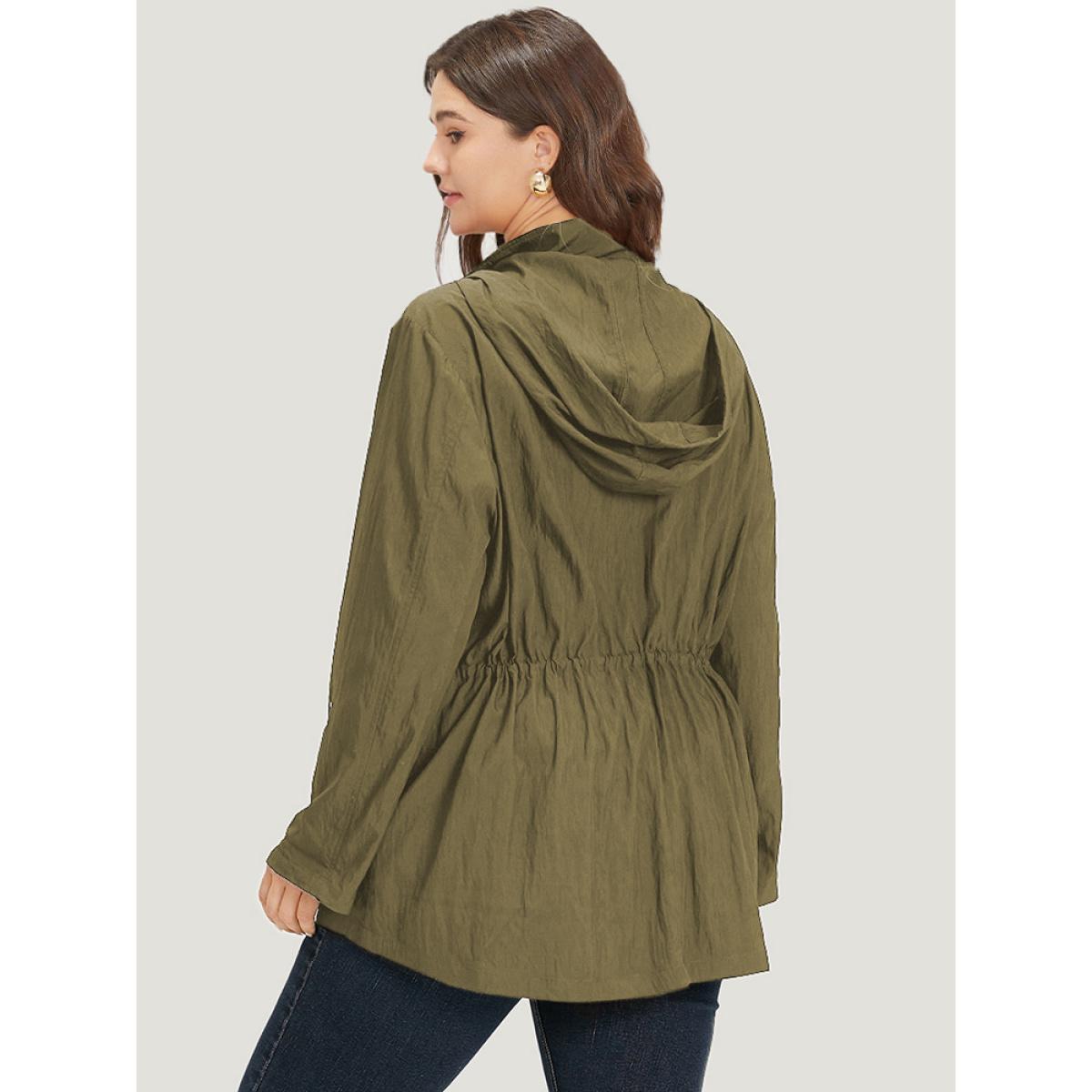 Plus Size Plain Hooded Zipper Drawstring Tab Sleeve Coat Women ArmyGreen Plain Pocket Everyday Jackets BloomChic 22-24/3X Product Image