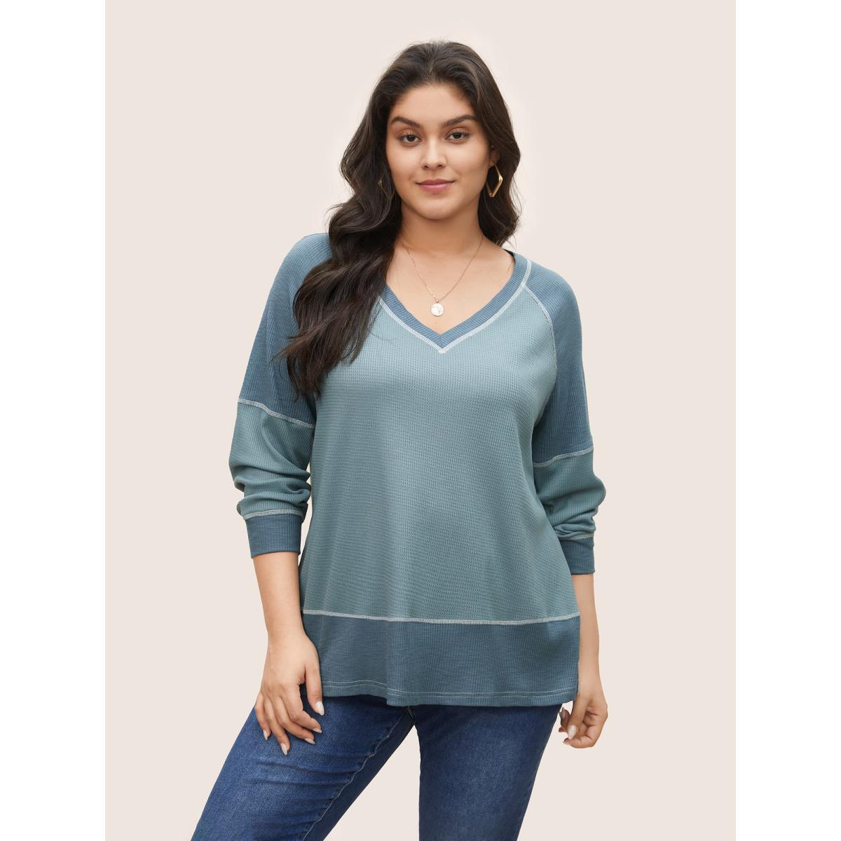 Plus Size Patchwork Texture Waffle Knit Sweatshirt Women Stone Casual Topstitching V-neck Everyday Sweatshirts BloomChic 18-20/2X Product Image