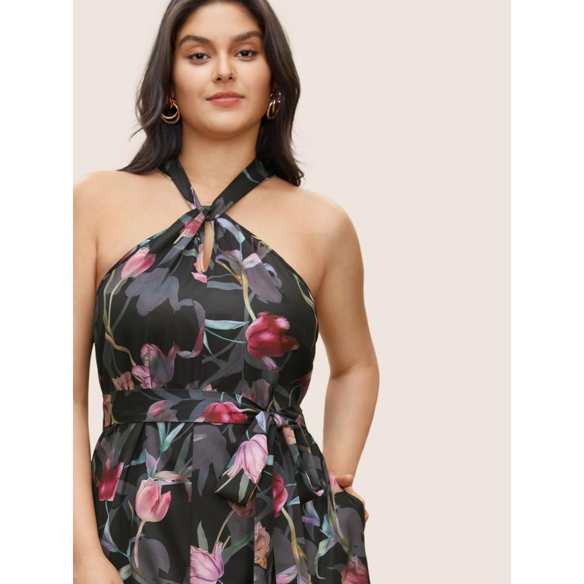 Plus Size Floral Halter Belted Twist Front Pocket Dress BlackFlower Women Elegant Belted Halter neck Sleeveless Curvy Midi Dress BloomChic 10/M Product Image