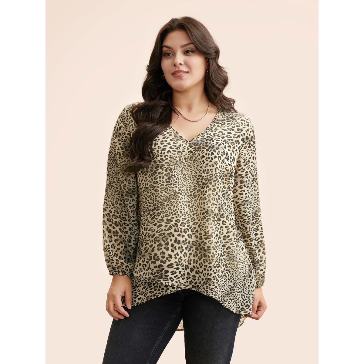 Plus Size Tan Leopard Print Asymmetrical Hem Lantern Sleeve Blouse Women Elegant Long Sleeve V-neck Everyday Blouses BloomChic 12/L Product Image
