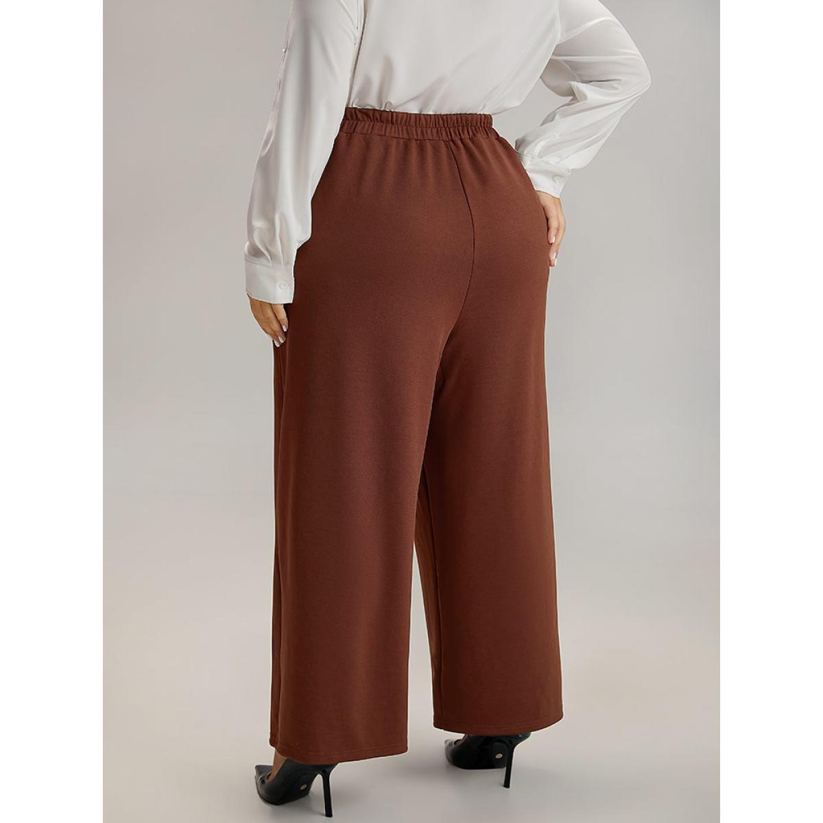 Plus Size Plain Button Detail Straight Leg Pants Women DarkBrown Office Straight Leg High Rise Office Pants BloomChic 10/M Product Image