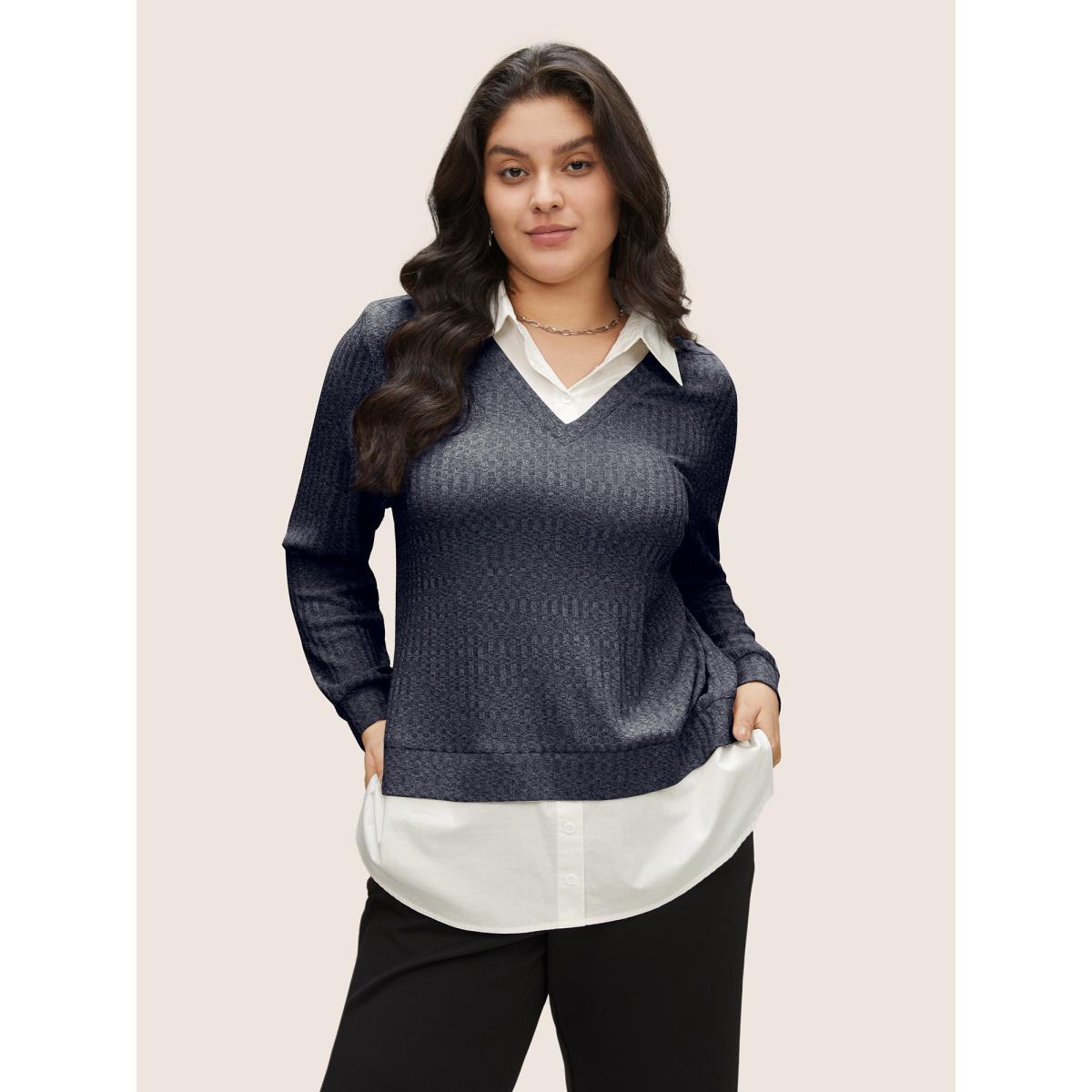 Plus Size 2-In-1 Patchwork Shirt Collar Sweatshirt Women Indigo At the Office Contrast Shirt collar Office Sweatshirts BloomChic 18-20/2X Product Image