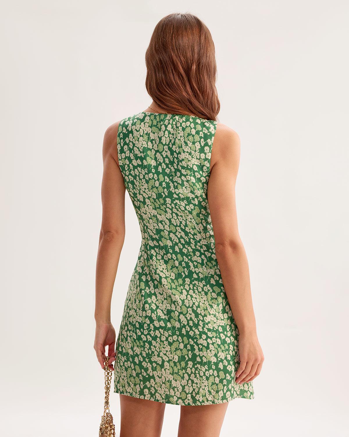 Green Floral Sleeveless Mini Dress Product Image