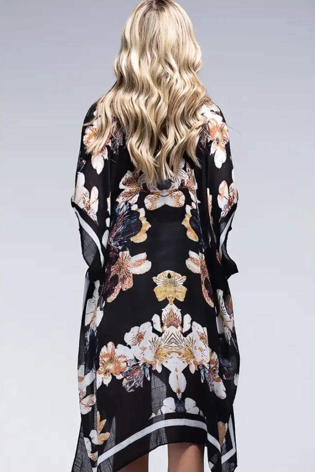 Bohemian and Glam Kimona- Beige Floral on-Black Product Image