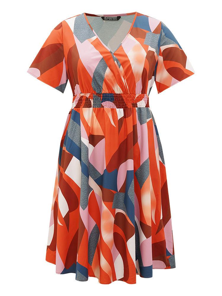 Colour Geometric Contrast Shirred Ruffles Elastic Waist Dress Female Product Image