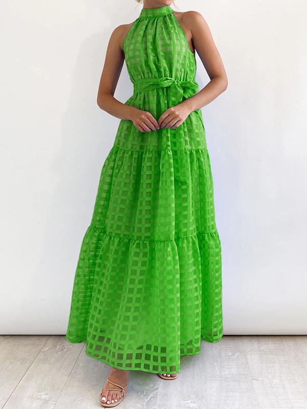 Loose Sleeveless Plaid Ribbed Stand Collar Maxi Dresses Product Image