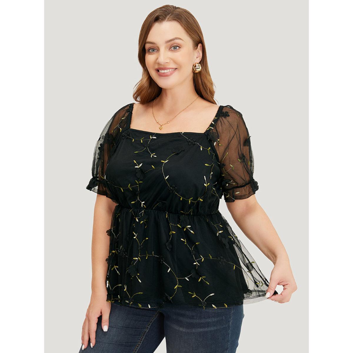 Plus Size BlackFlower Plant Embroidered Appliques Mesh Puff Sleeve Blouse Women Party Short sleeve Square Neck Going out Blouses BloomChic 12/L Product Image