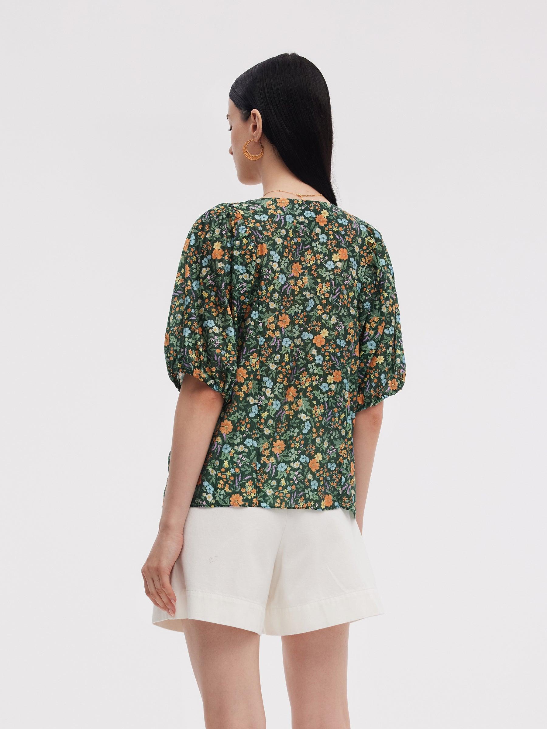 Tencel Blend Floral Print Women V-Neck Blouse Product Image