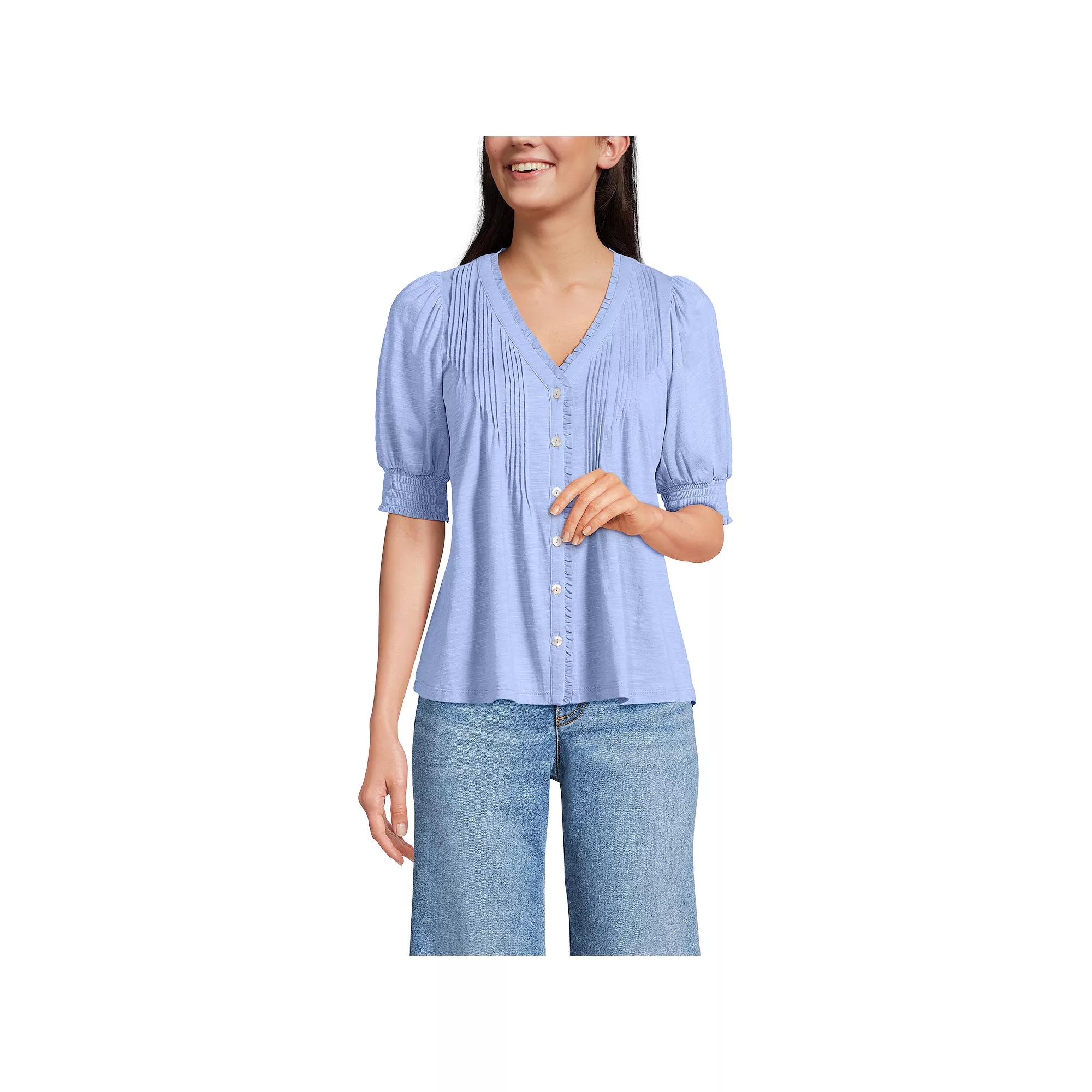 Women's Lands' End Button Pintuck Puff Sleeve Top, Size: Medium, Light Purple Product Image