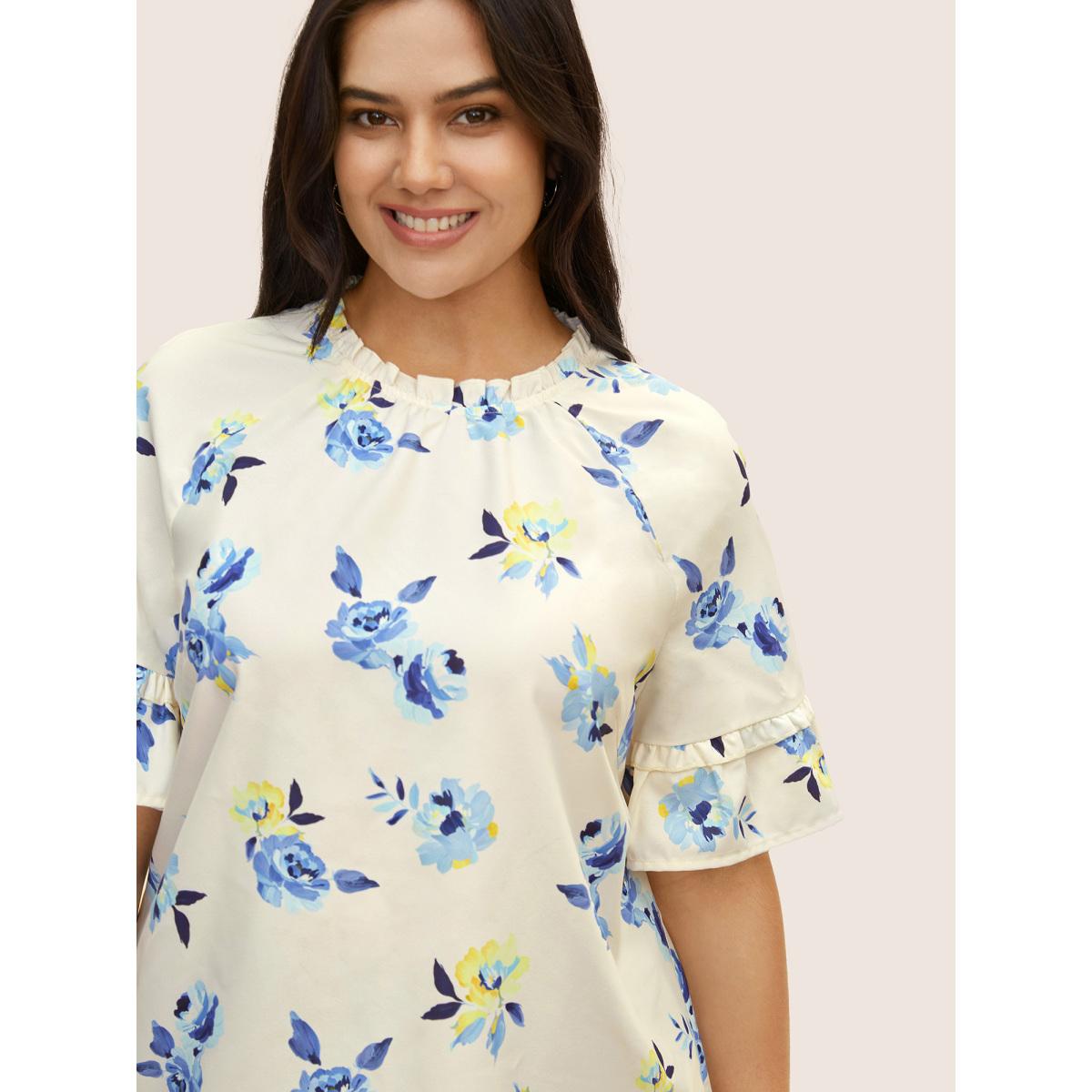 Plus Size Ivory Lace Collar Boho Print Ruffle Sleeve Blouse Women Elegant Short sleeve Lace collar Everyday Blouses BloomChic 28/5X Product Image