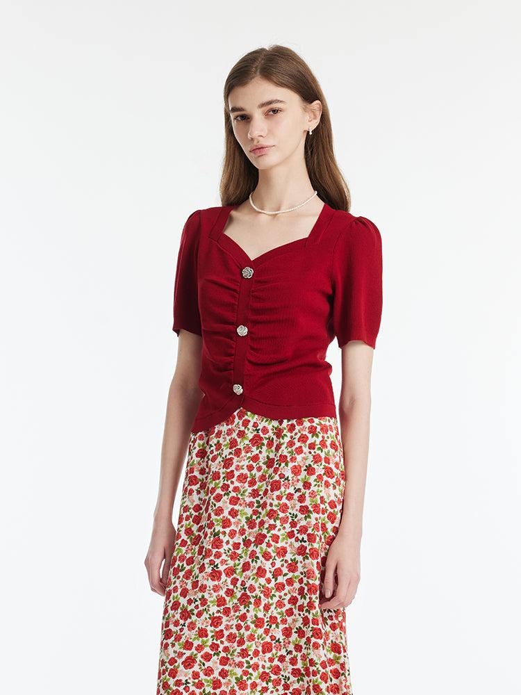 Tencel-Silk Blend Ruched Women Knit Top With Rose Shaped Button Product Image