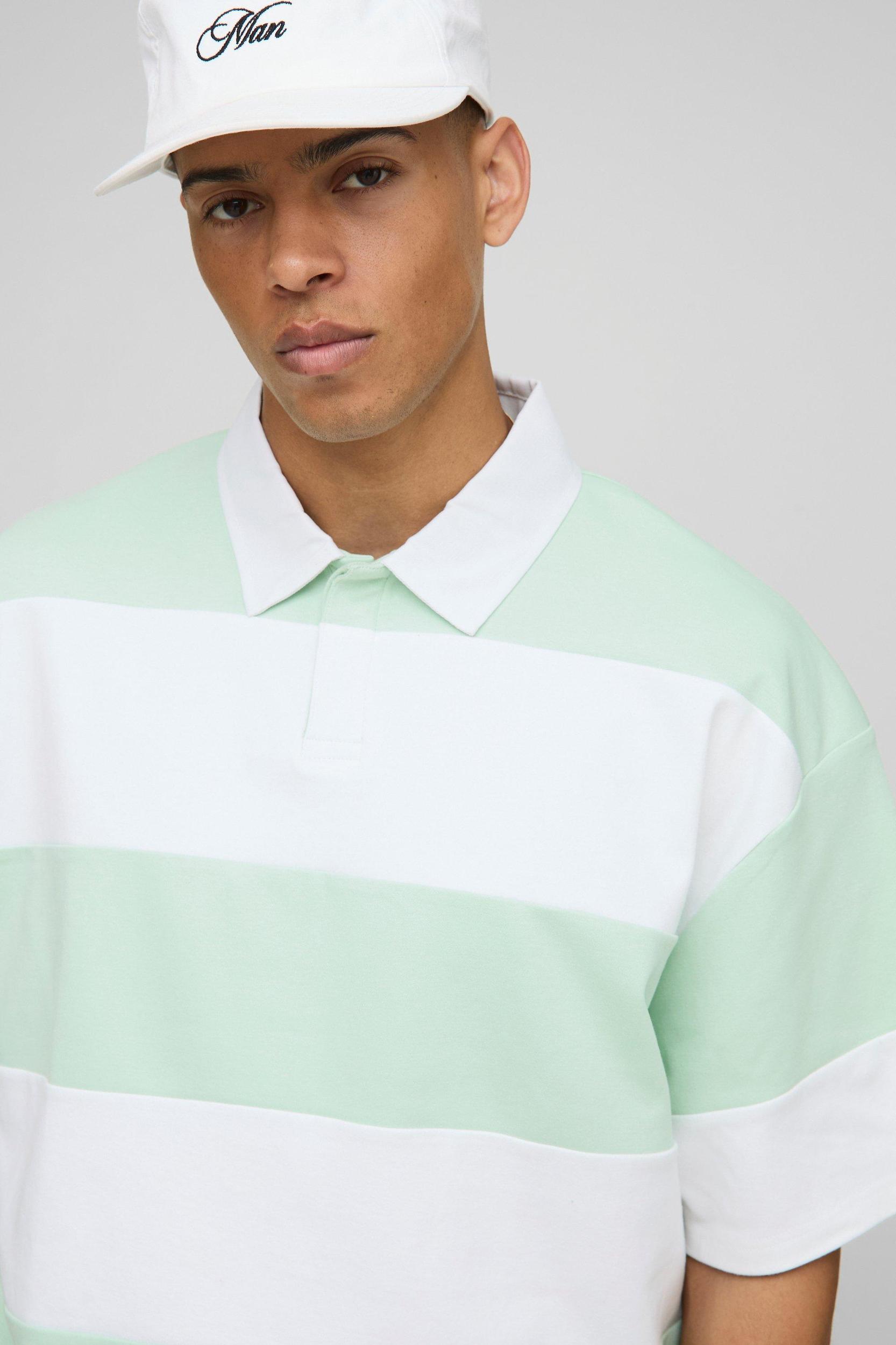 Oversized Boxy Stripe Interlock Short Sleeve Rugby Polo | boohooMAN USA Product Image