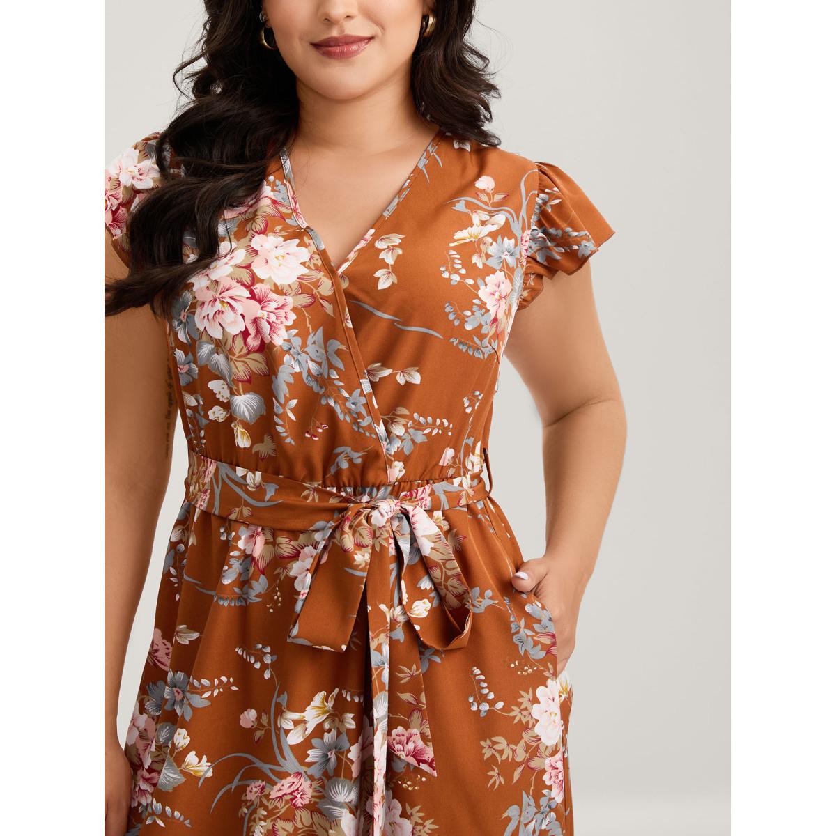 Plus Size Midnight Blooms Wrap A-Line Midi Dress Russet Women Romantic Overlap Collar Cap Sleeve Curvy BloomChic 30/6X Product Image