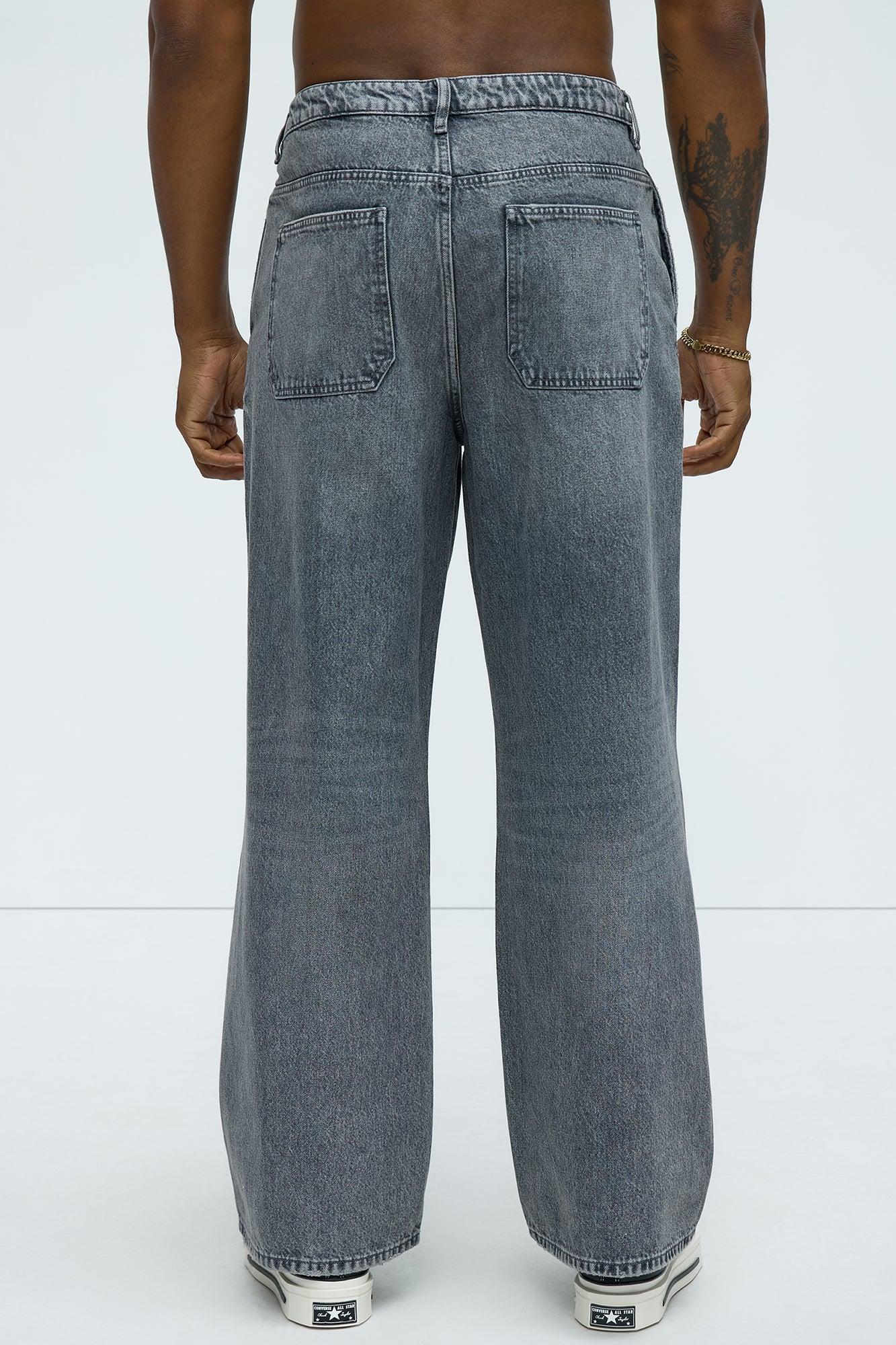 Boxed Pleated Baggy Jeans - Black Wash Product Image