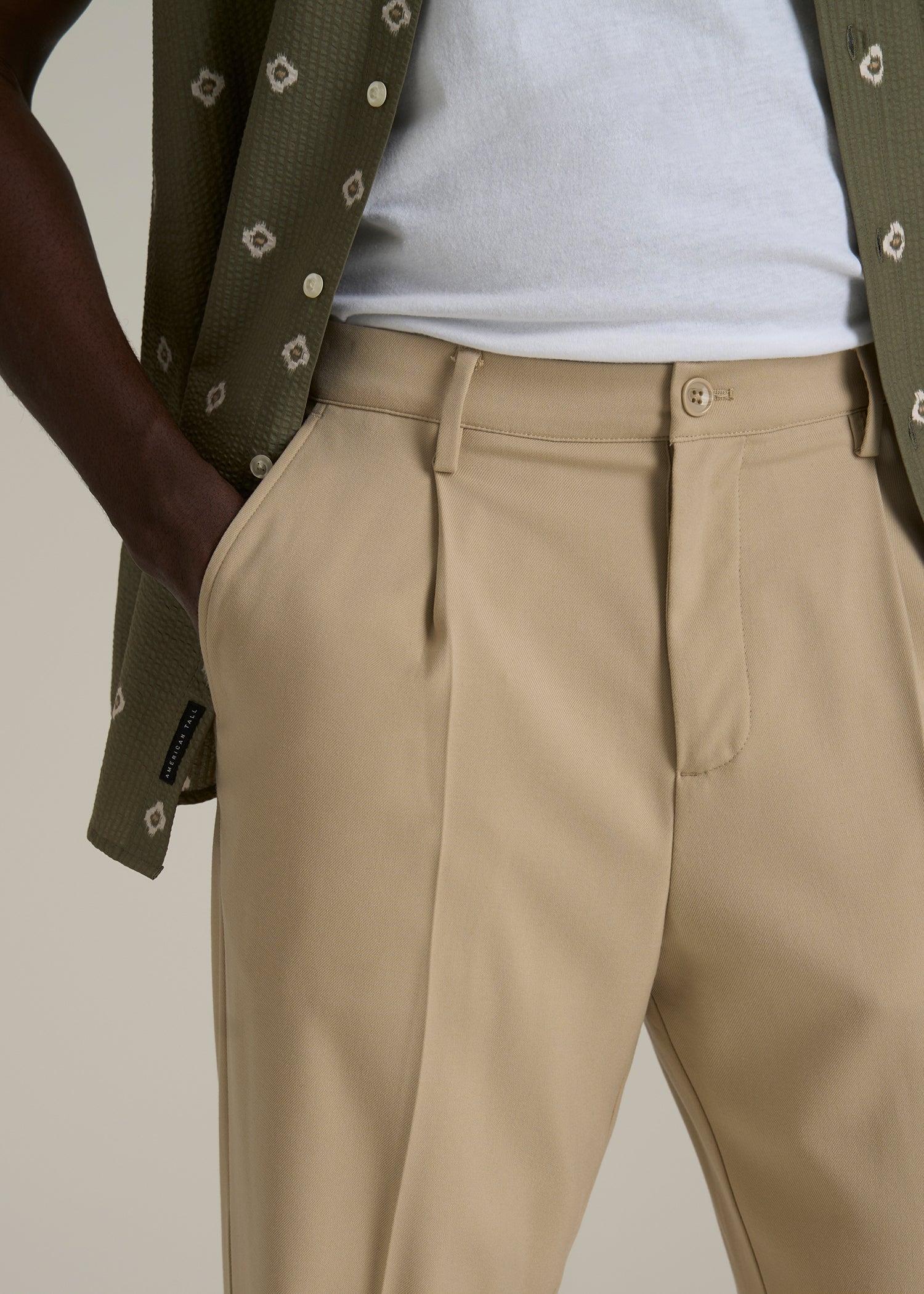 Relaxed Pleated Trousers for Tall Men in Light Khaki Male Product Image