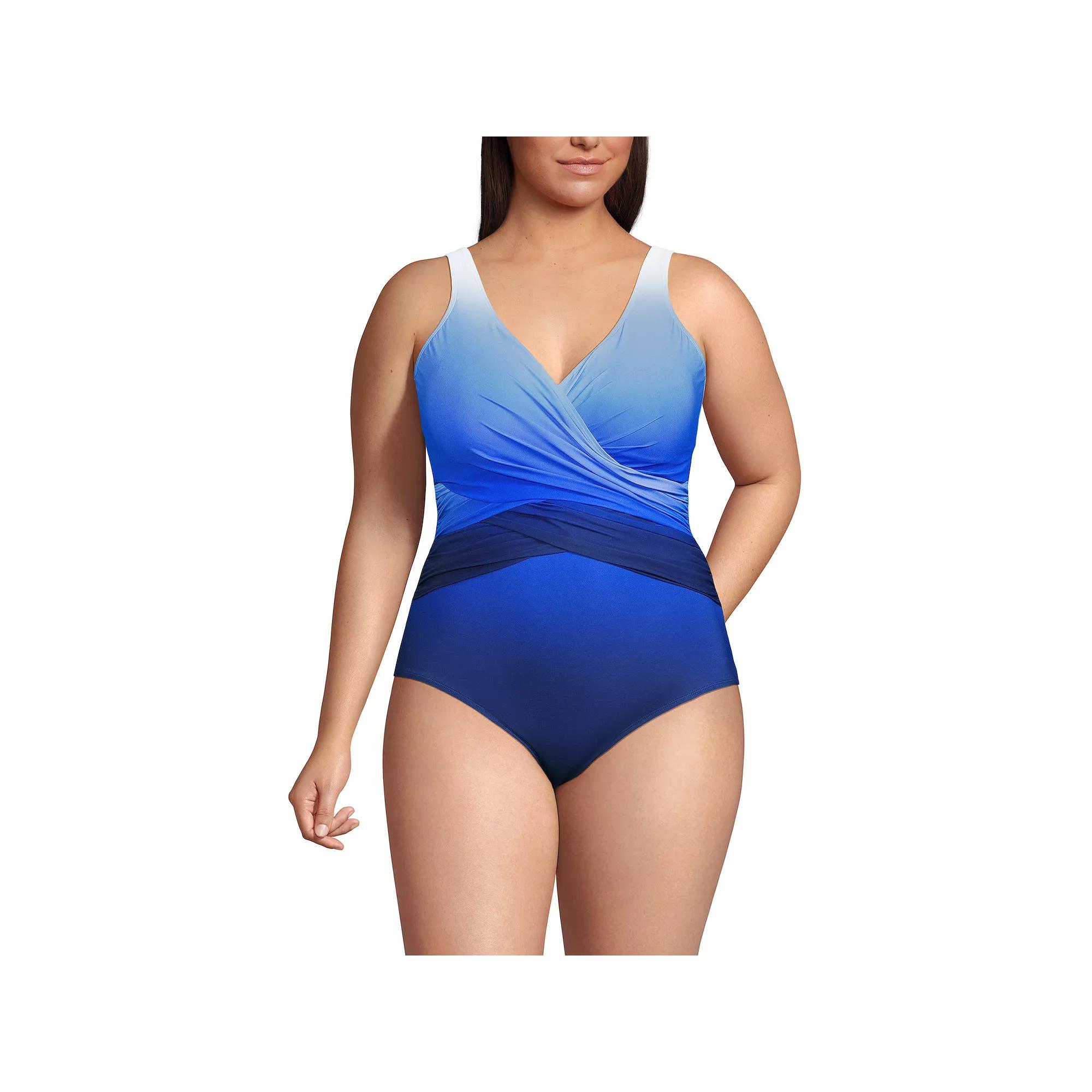 Plus Size Lands' End SlenderSuit Tummy Control Surplice One-Piece Swimsuit, Women's, Size: 18 W, Navy Blue Ombre Product Image