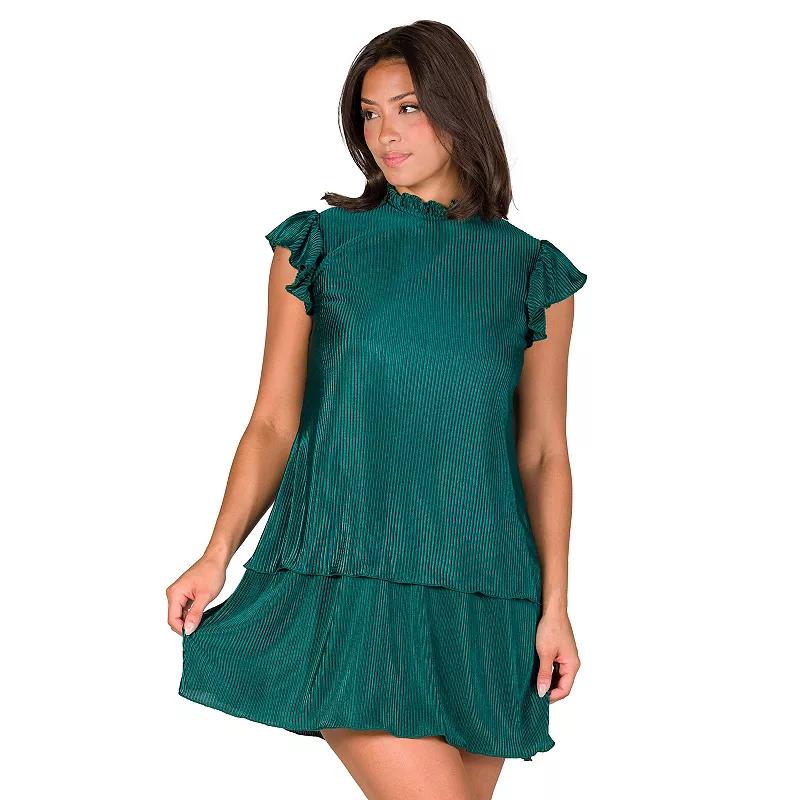 Women's 24Seven Comfort Apparel Ruffle Cap Sleeve High Neck Pleated Tiered Mini Dress,  Product Image