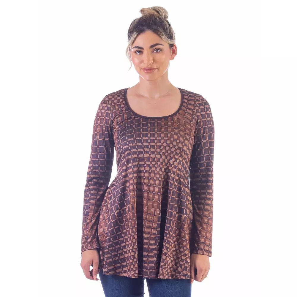 Women's 24Seven Comfort Apparel Brown Scoop Neck Long Sleeve Tunic Top,  Product Image