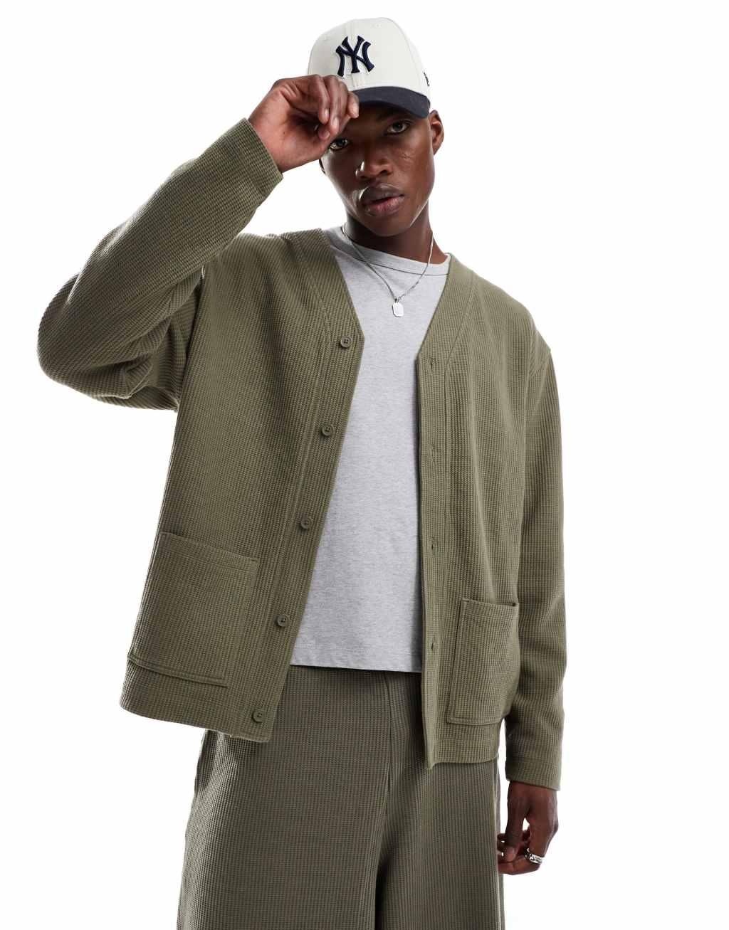 ASOS DESIGN oversized jersey cardigan in khaki Product Image