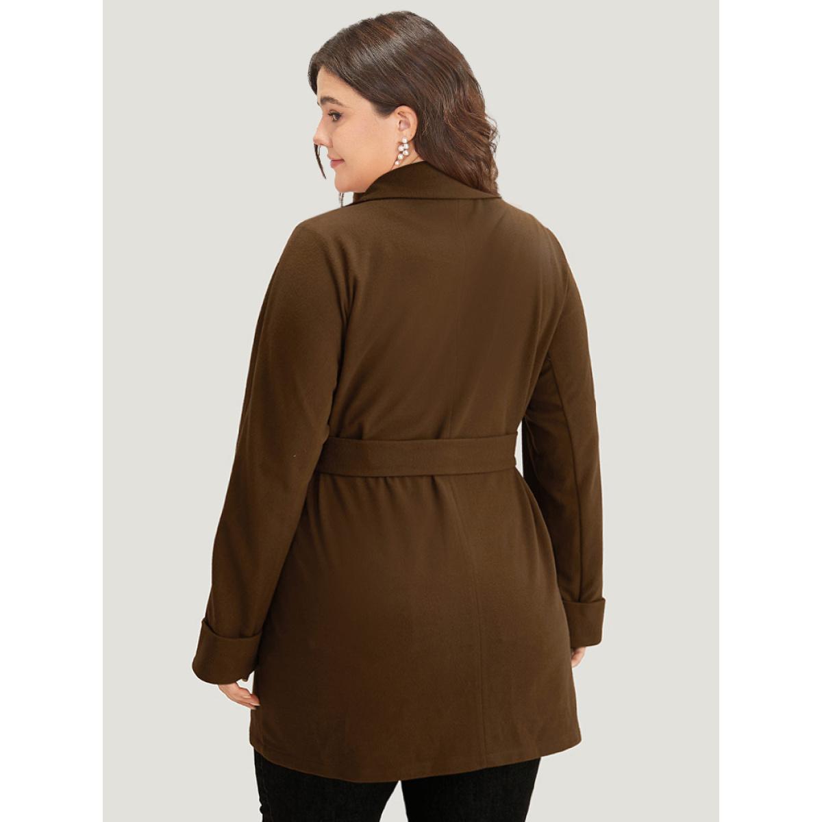 Plus Size Plain Lapel Collar Pocket Belted Coat Women DarkBrown Casual Plain Ladies Dailywear Winter Coats BloomChic 14-16/1X Product Image