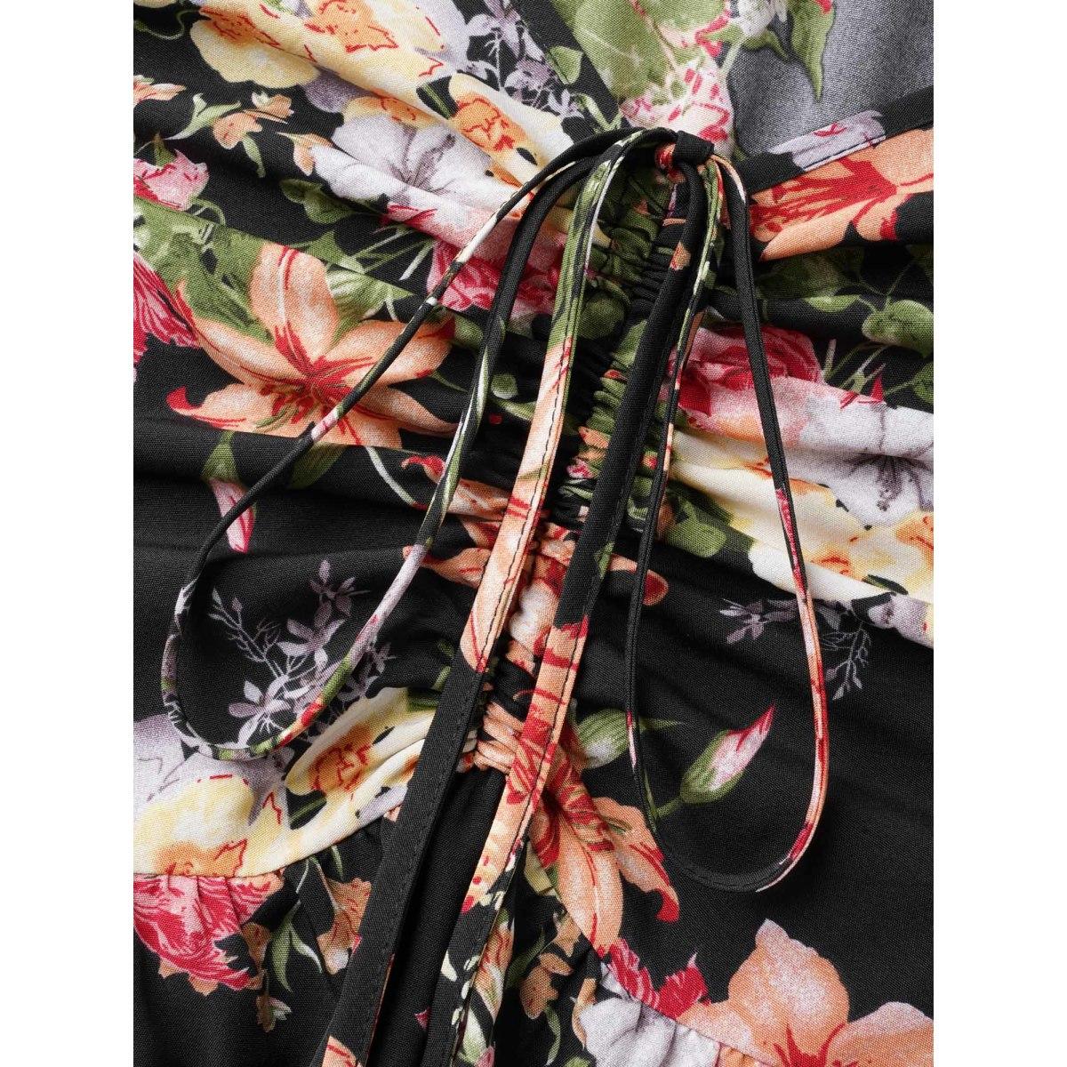 Plus Size Sweetheart Neckline Drawstring Floral Midi Dress Black Women Elegant Drawstring Heart neckline Half Sleeve Curvy BloomChic 14-16/1X Product Image